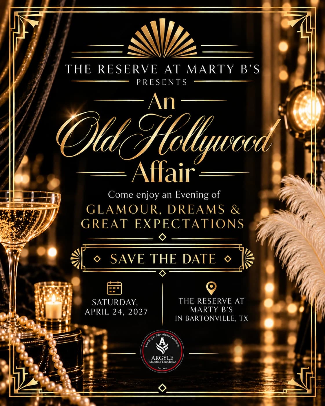 2027 AEF Gala Save the Date: An Old Hollywood Affair, April 24, 2027, The Reserve at Marty B’s, Bartonville, Texas