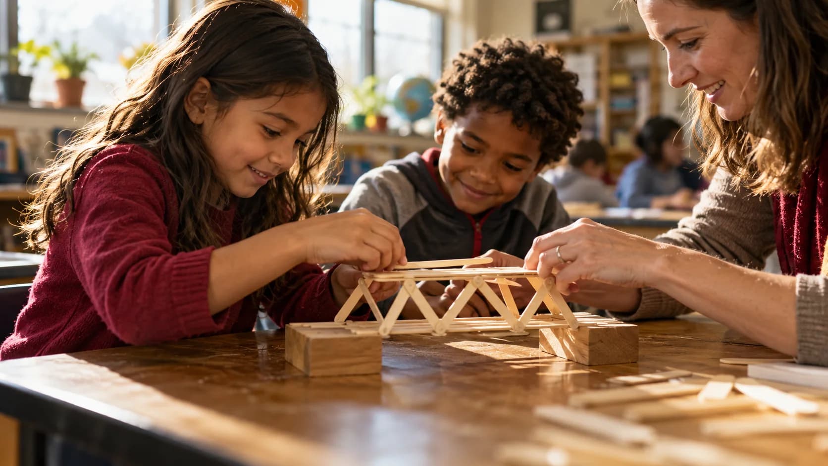 Illustrative scene of students and a teacher discovering how to build a craft-stick bridge