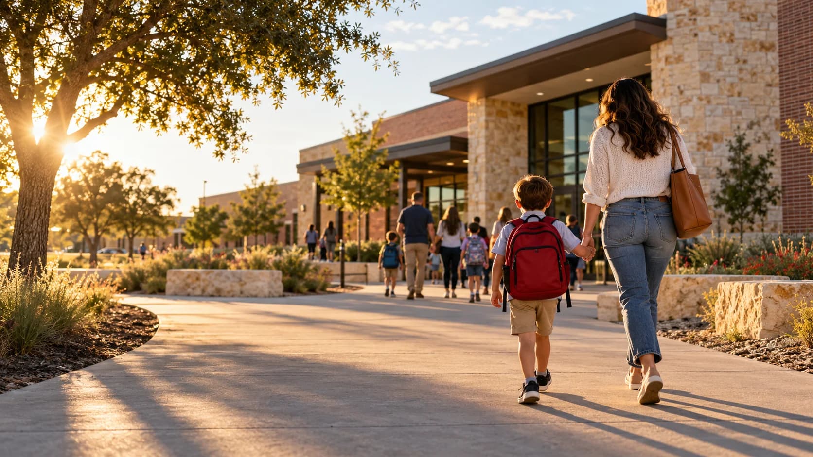 Illustrative scene of a parent and child walking hand in hand toward school in morning sunlight